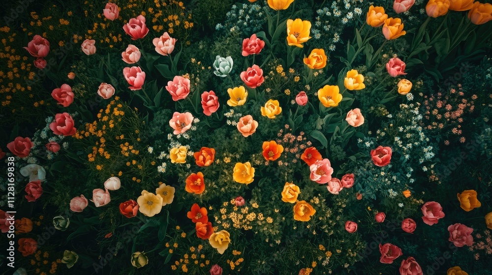 Aerial view of a colorful spring tulip garden with various flowers. Aerial view of a colorful spring tulip garden with various flowers.