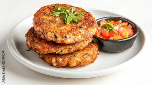 Homestyle Veggie Burger Patties Served with Fresh Tomato and Onion Salsa on a White Plate photo