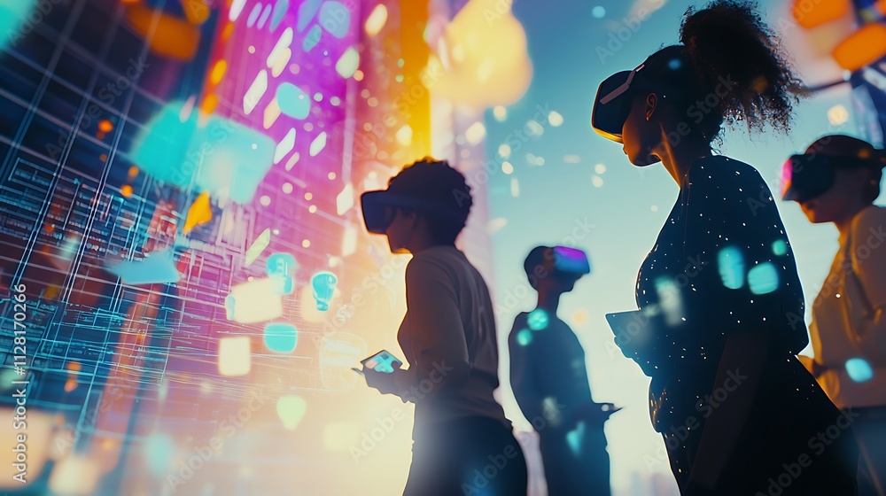 A group of people wearing virtual reality goggles are walking down a city street A group of people wearing virtual reality goggles are walking down a city street