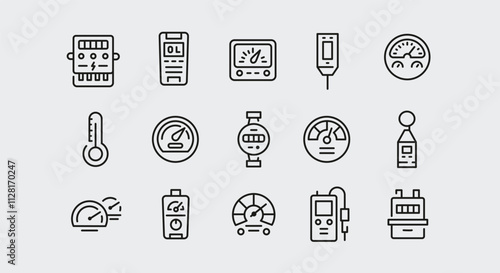 Meter icons. Set of 15 meter trendy minimal icons. Example: digital meter, analog meter, tape measure, thermometer icon. Design signs for web page, mobile app, packaging design. Vector illustration