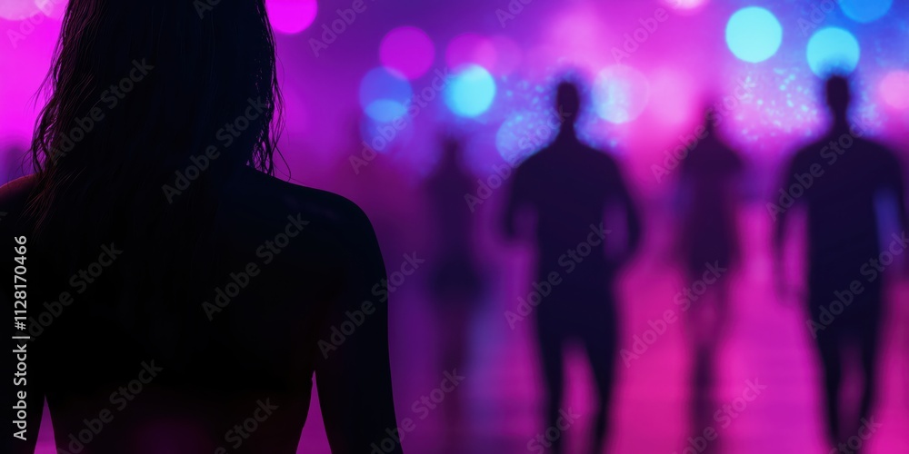 A silhouette of a woman stands against vibrant, colorful lights in a night setting, capturing the essence of nightlife and the allure of urban experiences. A silhouette of a woman stands against vibrant, colorful lights in a night setting, capturing the essence of nightlife and the allure of urban experiences.