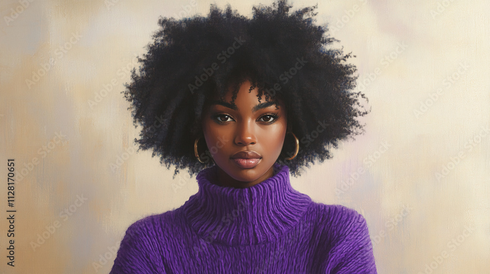 Artistic capture of a Black woman with natural afro hair, dressed in a cozy purple sweater, framed against a smooth white canvas background. Artistic capture of a Black woman with natural afro hair, dressed in a cozy purple sweater, framed against a smooth white canvas background.
