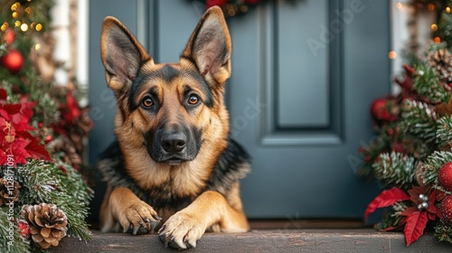 German shepherd dog waiting at home entrance with christmas decorations photo