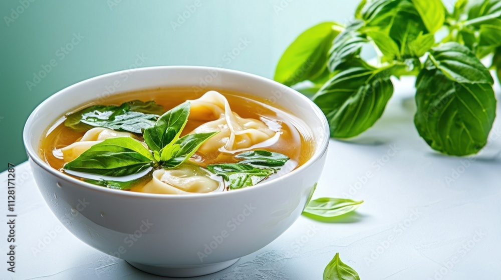 Homemade Vegetable Soup with Fresh Basil Leaves in a White Bowl Homemade Vegetable Soup with Fresh Basil Leaves in a White Bowl