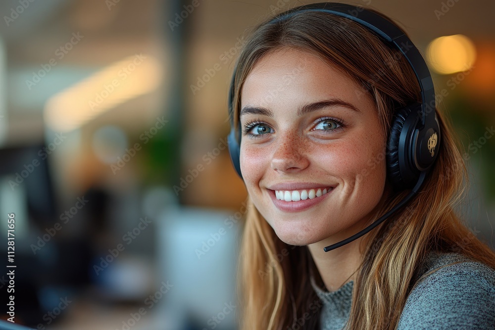 Smiling customer service representative wearing headset in office Smiling customer service representative wearing headset in office