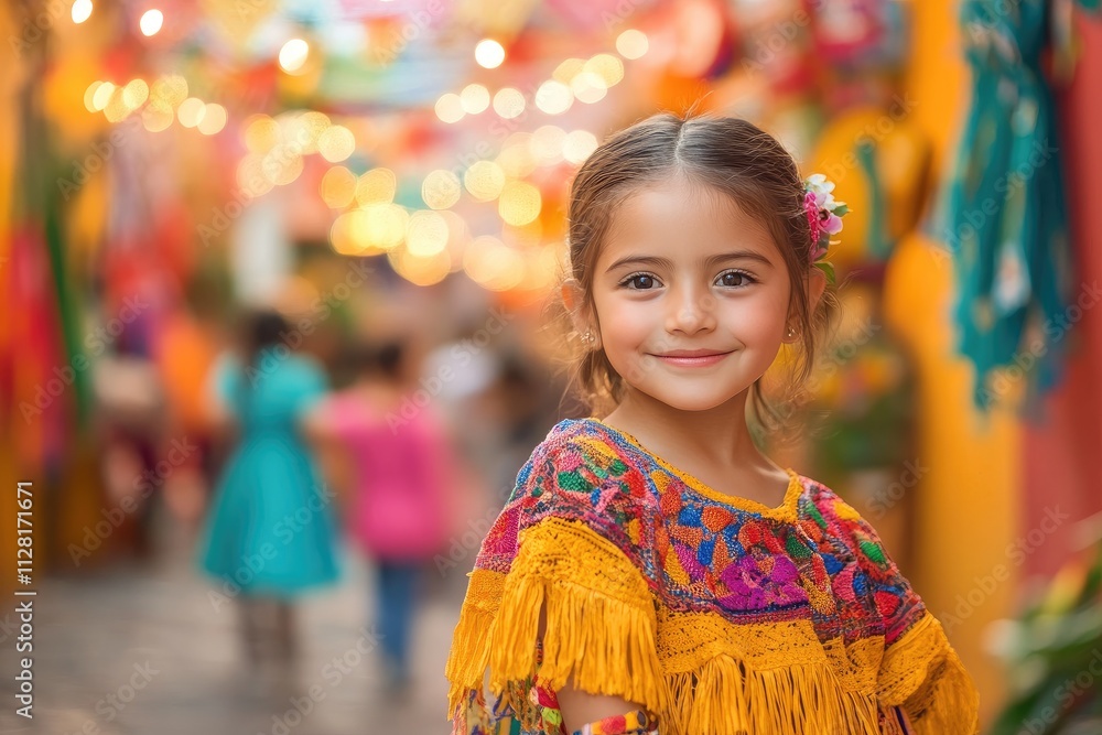 Smiling girl wearing traditional mexican dress posing at colorful market Smiling girl wearing traditional mexican dress posing at colorful market