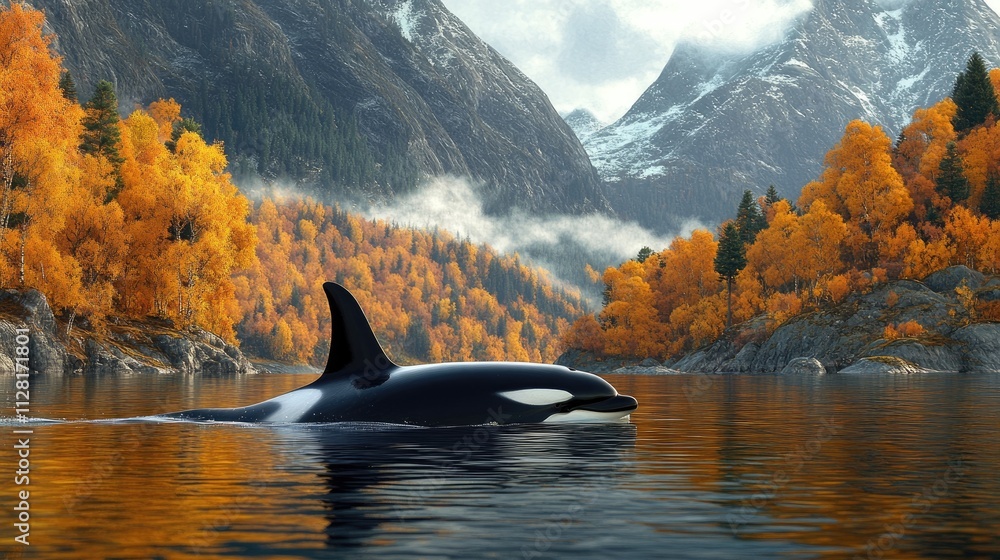 Obraz premium Orca whale swimming in lake with autumn forest and mountains