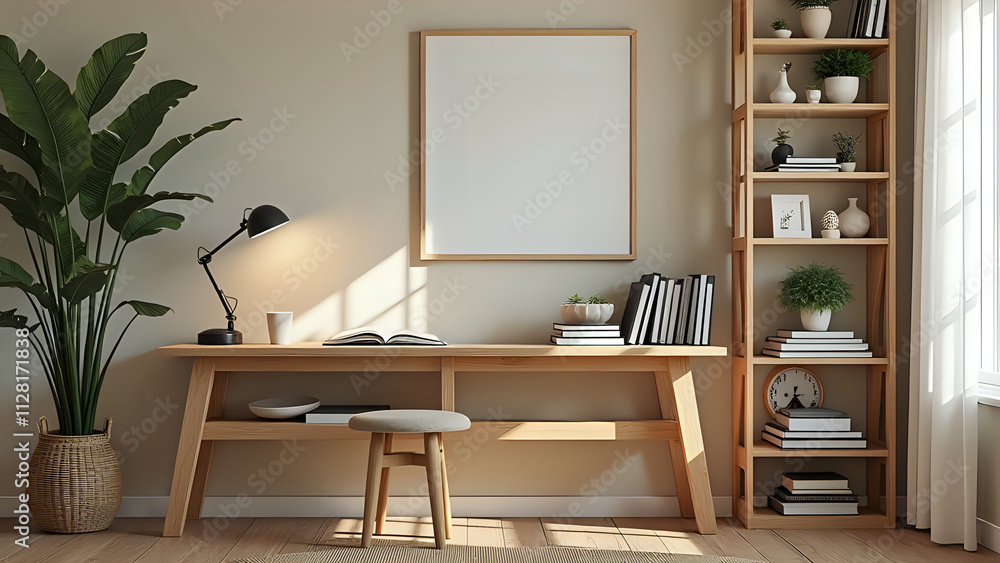 a room with a wooden desk, a stool, a shelf with books, a poster and a potted plant a room with a wooden desk, a stool, a shelf with books, a poster and a potted plant