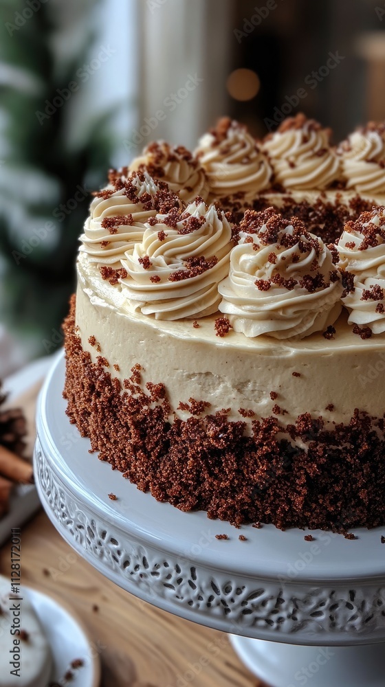 Delicious spice cake with cream cheese frosting and crumble topping on cake stand