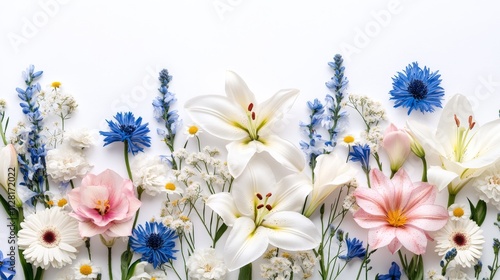 flowers background with white lilies, white asters, white roses, blue iris, blue thistle, white Matricaria, pink Gerbera, white arums, pink snapdragon on a white background photo