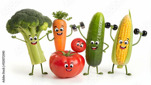 Group of animated vegetables lifting weights and smiling photo