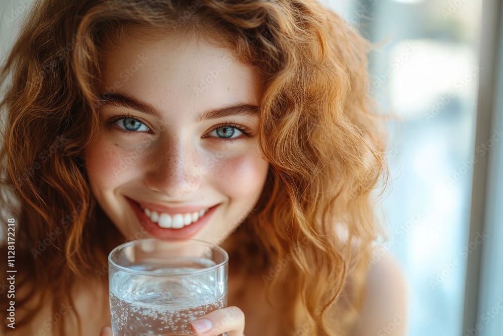 Beautiful smiling woman with freckles and red hair holding glass of water