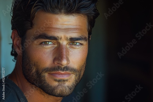 Portrait of confident male model with brown hair and green eyes