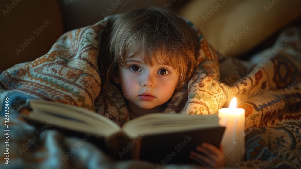 Cozy Child Reading by Candlelight Wrapped in Blanket on a Winter Evening, Capturing Warmth and Innocence in a Serene Home Setting Cozy Child Reading by Candlelight Wrapped in Blanket on a Winter Evening, Capturing Warmth and Innocence in a Serene Home Setting