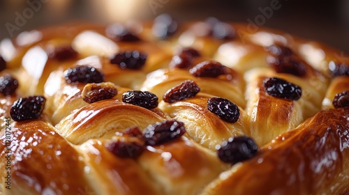 Delicious homemade challah bread garnished with raisins baking in oven photo