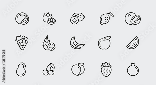Fruit icons. Set of 15 fruit trendy minimal icons. Apple, Lemon, Mango, Avocado, Peach, Kiwi, Pineapple, Cherry icon. Design signs for web page, mobile app, packaging design. Vector illustration