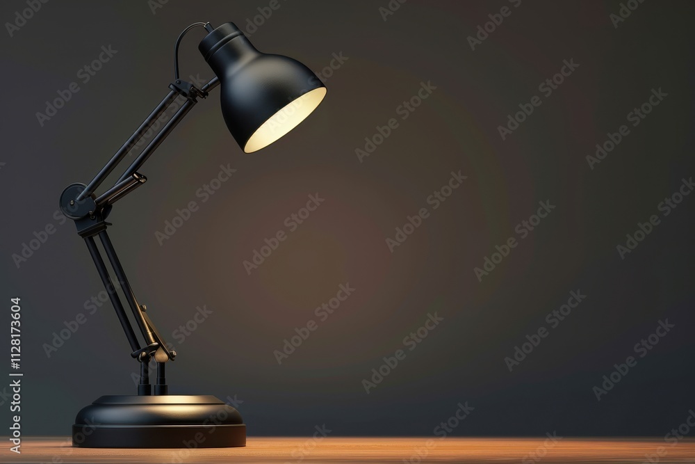A black desk lamp illuminating a wooden surface against a dark background in a minimalist setting A black desk lamp illuminating a wooden surface against a dark background in a minimalist setting