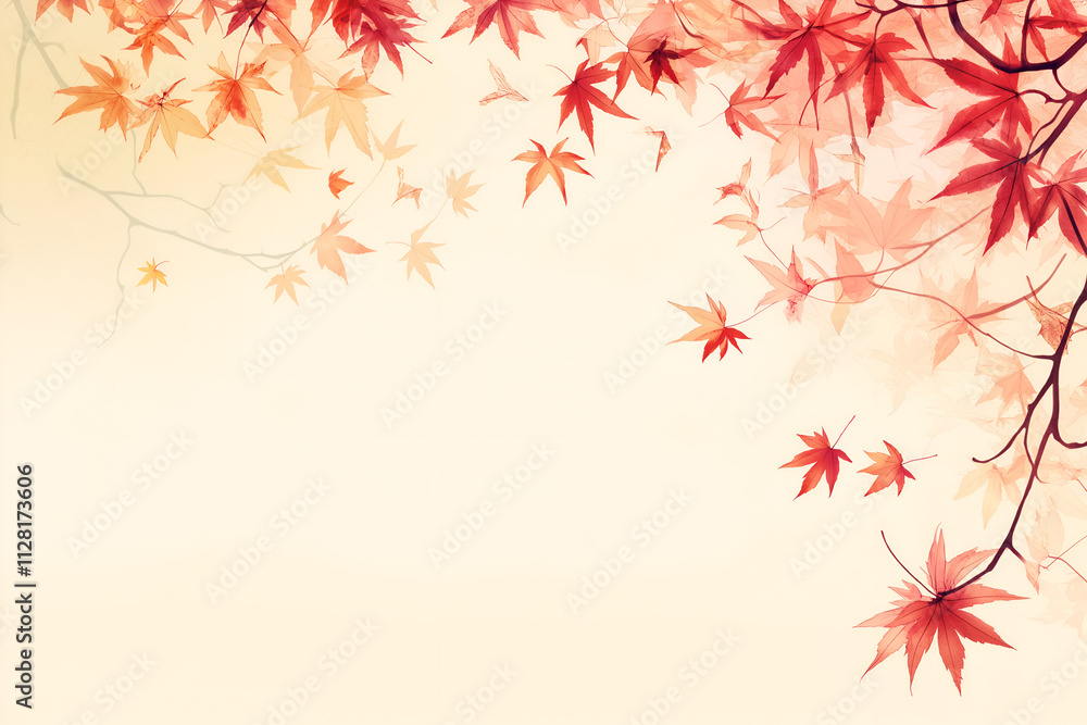 Delicate maple leaves in a gradient of autumn colors, soft reds, oranges, and yellows on a light cream background, high definition background, mock up wallpaper Delicate maple leaves in a gradient of autumn colors, soft reds, oranges, and yellows on a light cream background, high definition background, mock up wallpaper