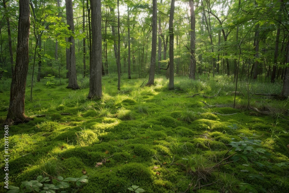 Fototapeta premium A forest with a lot of trees and grass