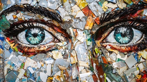 Intricate Mosaic Art Featuring Striking Blue Eyes in Close-Up View photo