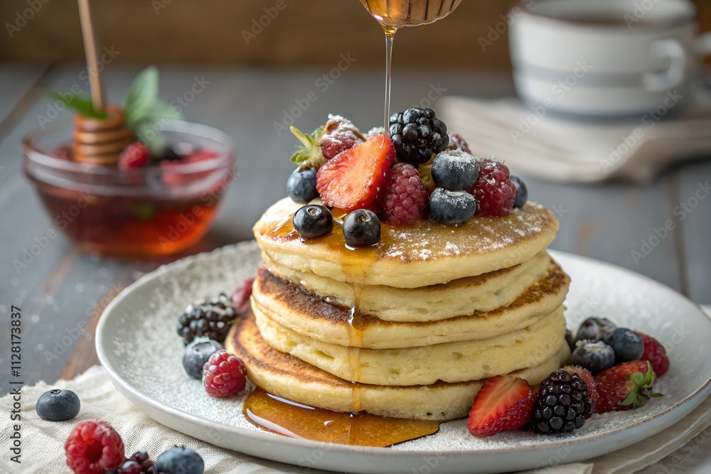 delicious looking image of pancakes with berries and flowing honey on it, mouthwatering food photography concept delicious looking image of pancakes with berries and flowing honey on it, mouthwatering food photography concept