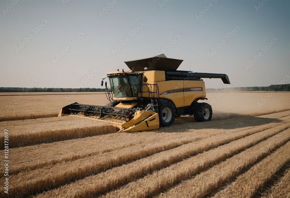 Fototapeta premium A bright yellow combine harvester is actively working in a field of ripe wheat