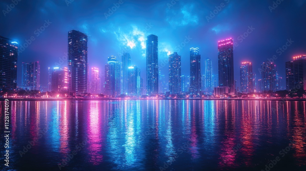 Neon-lit cityscape reflected in calm water at night. Neon-lit cityscape reflected in calm water at night.