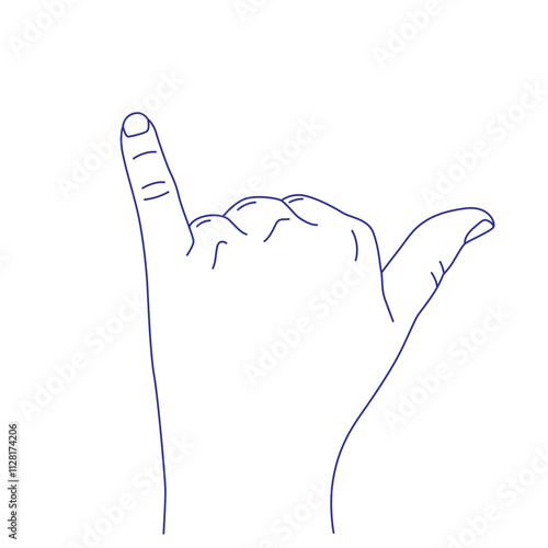Hand gesture contour vector sketch illustration. Little finger and thumb up