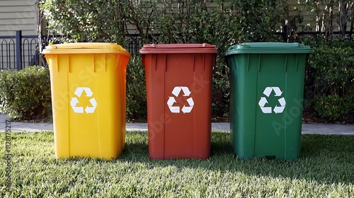 Colorful Recycling Bins for Waste Management in Outdoor Setting photo