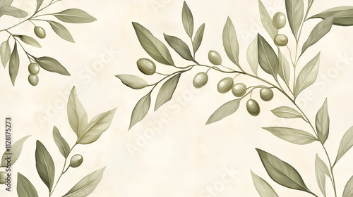 Elegant olive branch pattern with detailed leaves and tiny olives, muted sage green on a soft ivory background, high definition background, mock up wallpaper