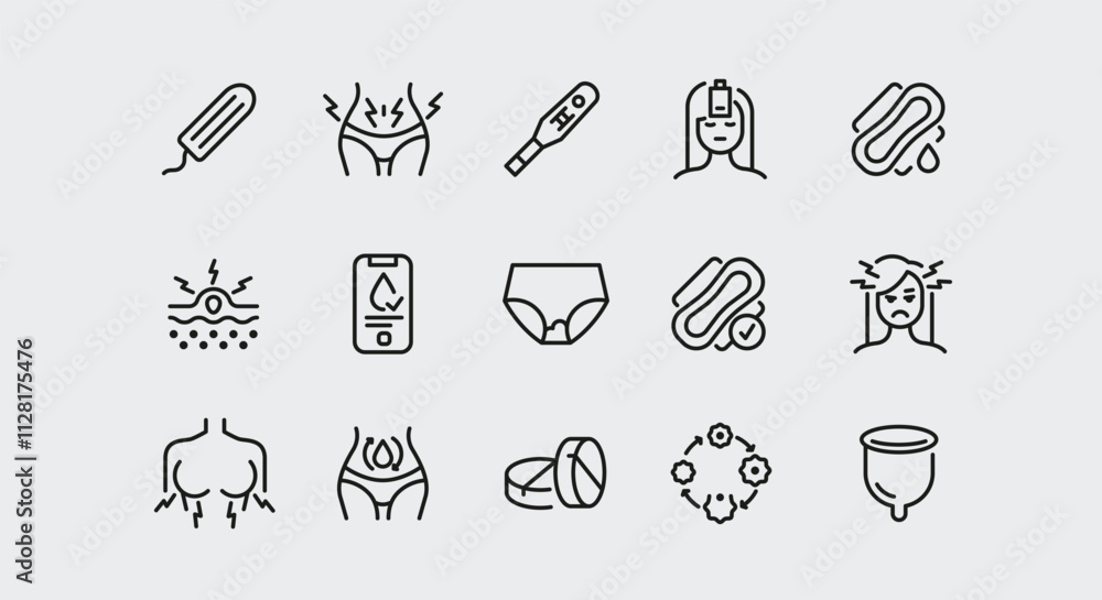 Menstruation icons. Set of 15 menstruation trendy minimal icons. Tampon, period pad, PMS symptoms, ovulation calendar icon. Design signs for web page, mobile app, packaging design. Vector illustration Menstruation icons. Set of 15 menstruation trendy minimal icons. Tampon, period pad, PMS symptoms, ovulation calendar icon. Design signs for web page, mobile app, packaging design. Vector illustration