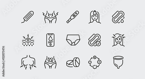 Menstruation icons. Set of 15 menstruation trendy minimal icons. Tampon, period pad, PMS symptoms, ovulation calendar icon. Design signs for web page, mobile app, packaging design. Vector illustration