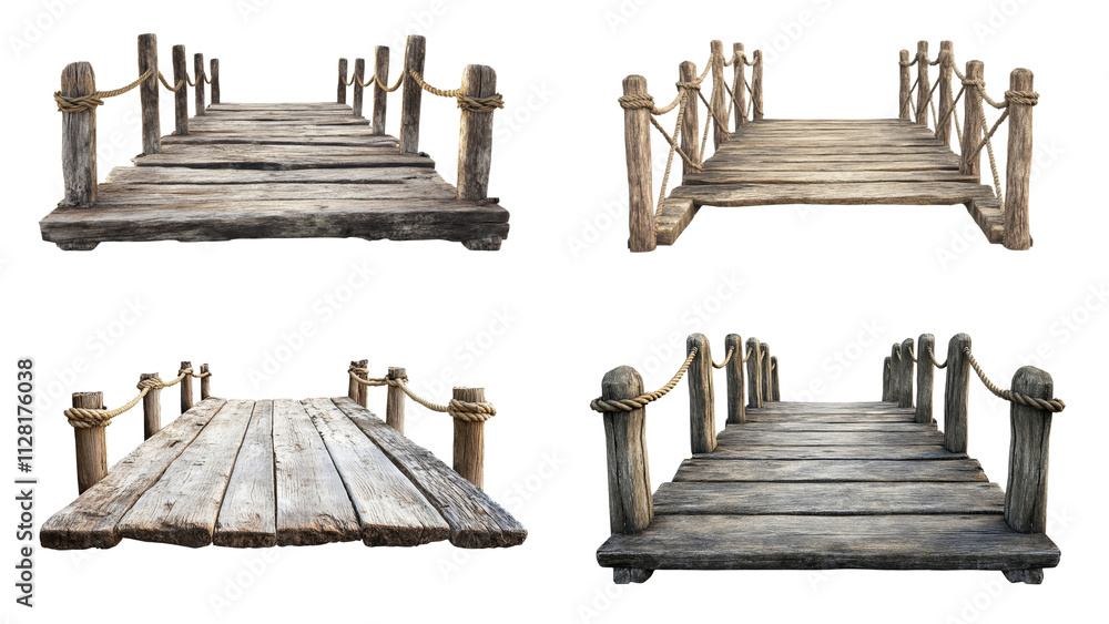 Obraz premium Four Unique Designs of Rustic Wooden Piers Featuring Twisted Rope Railings with Natural Textures and Weathered Finishes Perfect for Scenic Backdrops, Waterfront Illustrations, and Outdoor Themes