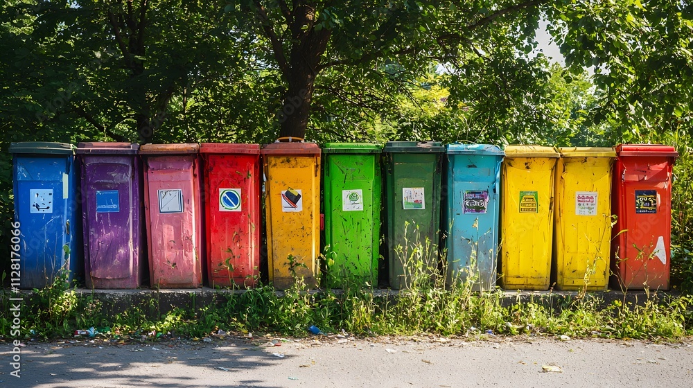 Colorful Recycling Bins in Urban Environment Surrounded by Nature Colorful Recycling Bins in Urban Environment Surrounded by Nature