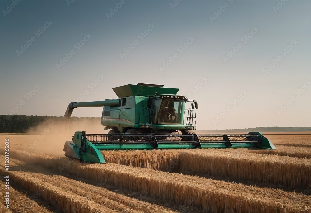 Fototapeta premium A bright yellow combine harvester is actively working in a field of ripe wheat