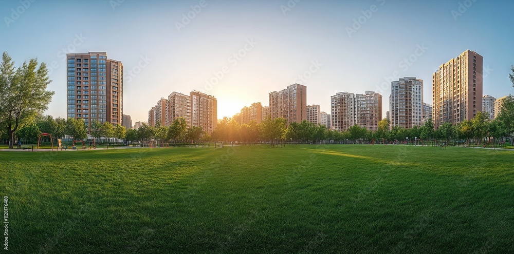 Modern City Park with High-Rise Buildings at Sunset AI generated illustration Modern City Park with High-Rise Buildings at Sunset AI generated illustration