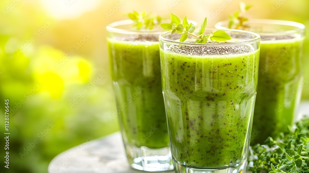 Two Glasses of Green Smoothie with Herb Seeds. Two Glasses of Green Smoothie with Herb Seeds.