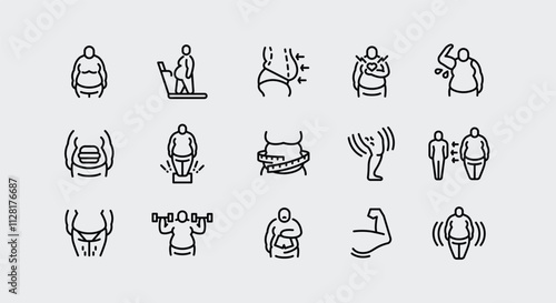 Overweight and Fitness icons. Set of 15 health and wellness-themed minimal icons. Treadmill icon. Design signs for web page, mobile app, fitness products, healthcare promotions. Vector illustration