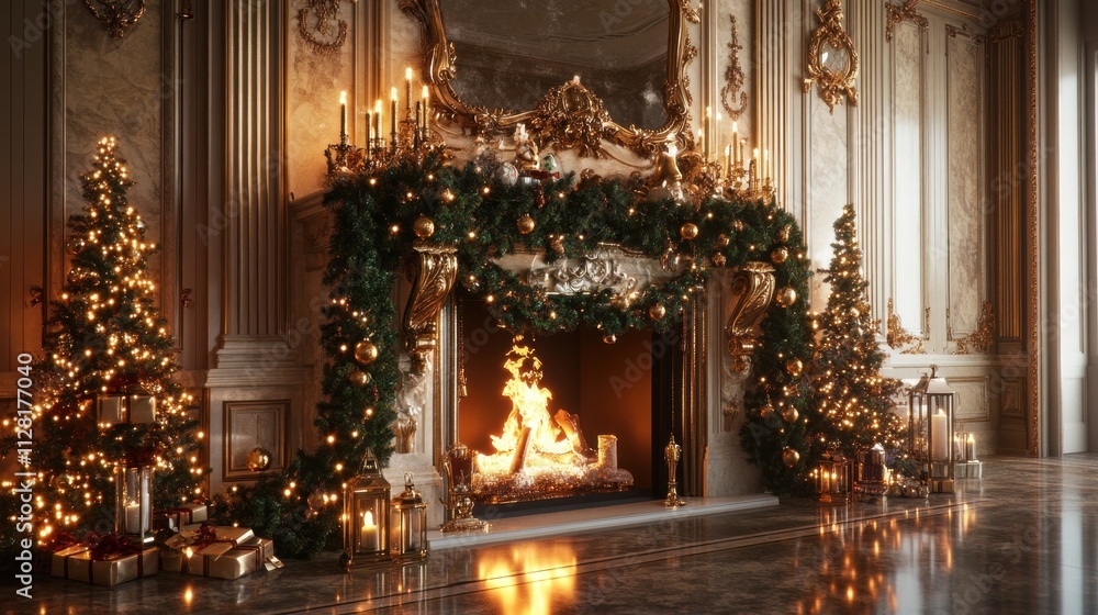 Luxury fireplace mantel decorated for Christmas, green garland with gold accents, tall golden candles Luxury fireplace mantel decorated for Christmas, green garland with gold accents, tall golden candles