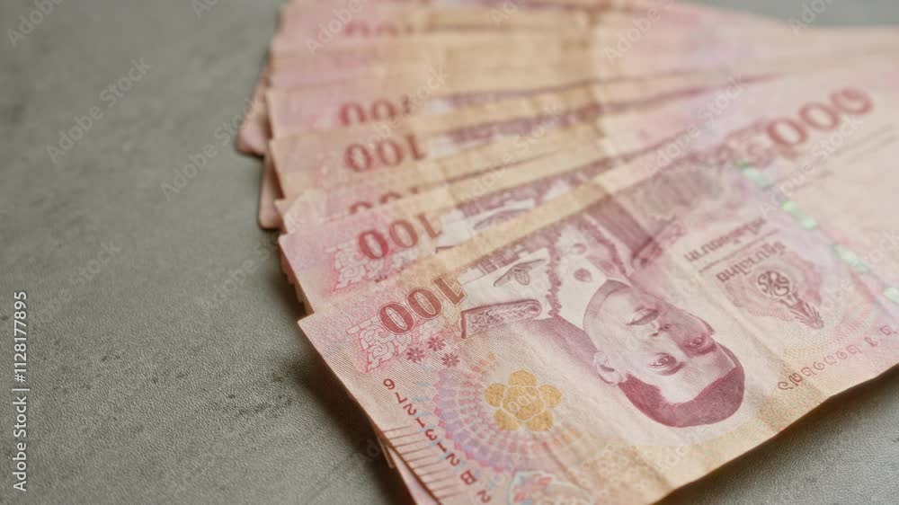 Banknotes of thai baht currency on a concrete surface, highlighting thailand's financial elements with detailed close-up imagery