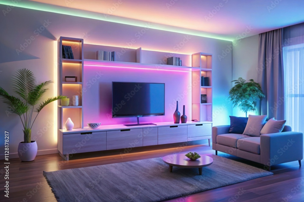 Modern spacious living room with lots of neon lights and LED strips Modern spacious living room with lots of neon lights and LED strips