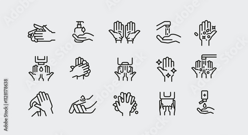 Hand hygiene icons. Set of 15 trendy minimal hand hygiene icons. Washing Hands, Sanitizer Bottle, Soap Lather, Rinsing Hands icons. Design signs for web page, packaging design. Vector illustration.