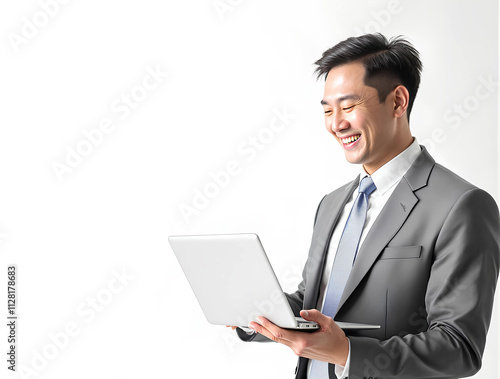 Portrait of young businessman standing,Businessman in suit with tablet and cup,holding laptop and watching media with happy smile,a handsome businessman using tablet