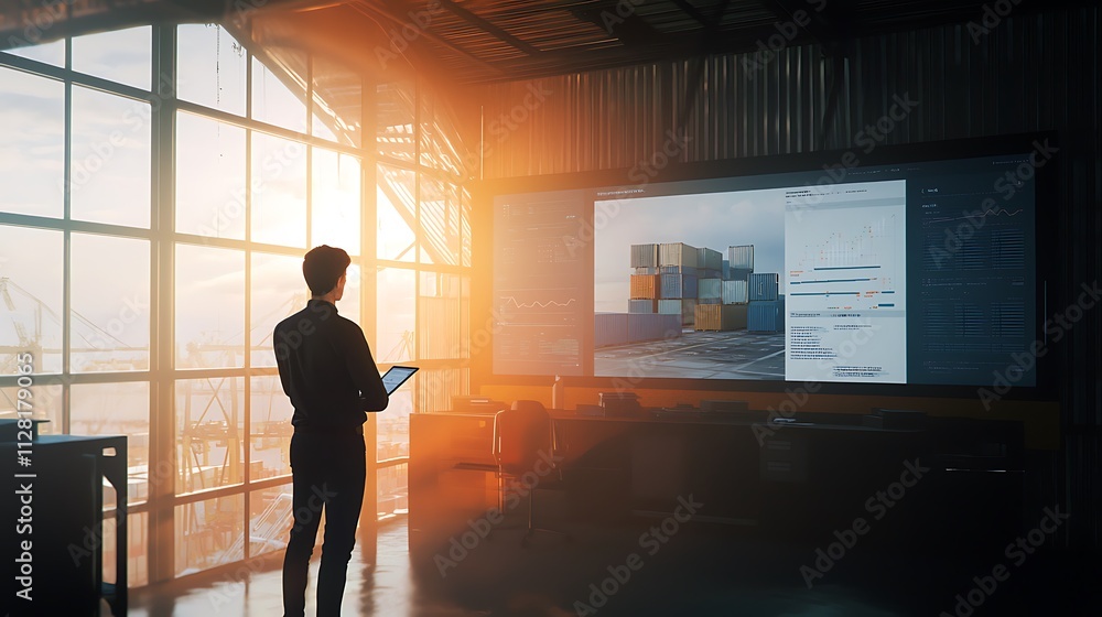 Fototapeta premium A man is standing in front of a large monitor with a laptop in his hand