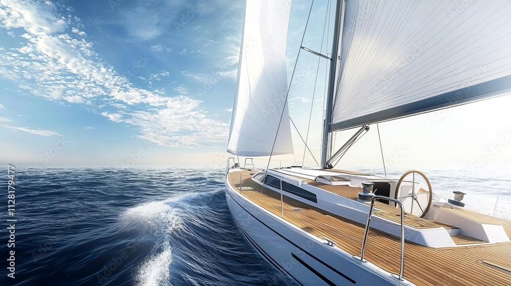 Fototapeta premium A sleek sailboat cutting through the waves under a bright blue sky, capturing the essence of adventure and freedom at sea.