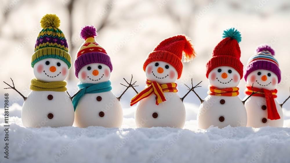 Cheerful Winter Scene with Five Adorable Snowmen in Colorful Hats and Scarves Cheerful Winter Scene with Five Adorable Snowmen in Colorful Hats and Scarves