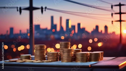 Stacks of coins against a city skyline at sunset, symbolizing wealth and investment.