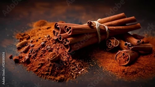 realistic motion video of stack of cinnamon rolls on wooden table surrounded by cinnamon powder