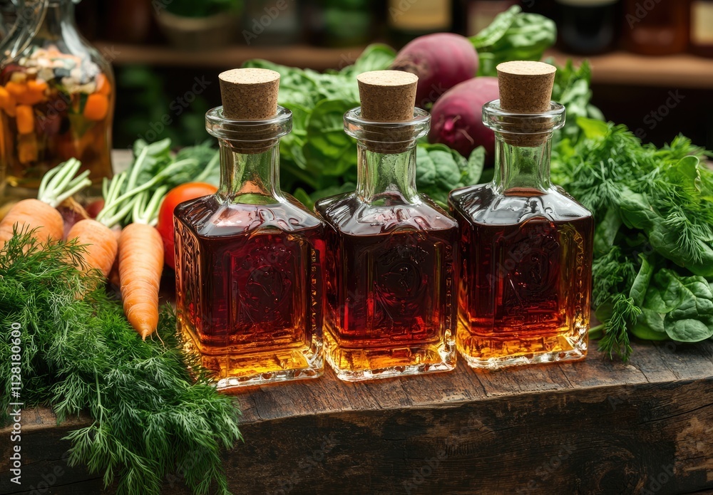 Three amber glass bottles with cork stoppers filled with dark liquid, surrounded by fresh vegetables on a wooden surface. Three amber glass bottles with cork stoppers filled with dark liquid, surrounded by fresh vegetables on a wooden surface.