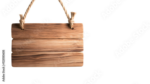 Wooden sign hanging on a rope, isolated against a white background